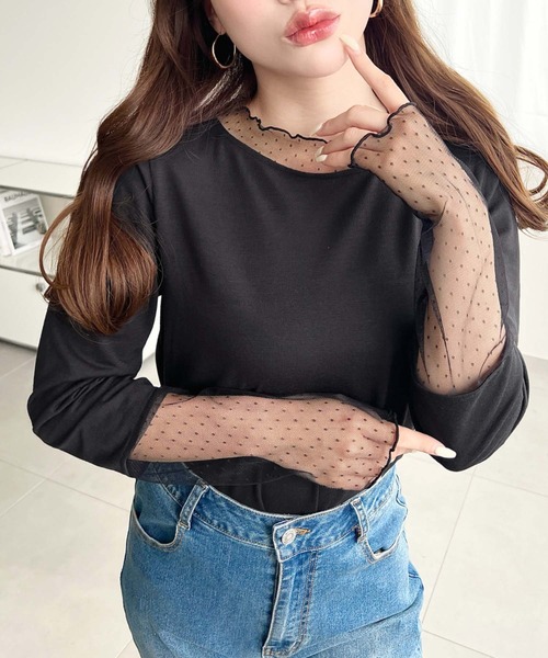moment+ tシャツ ドットチュールレースドッキングプルオーバー