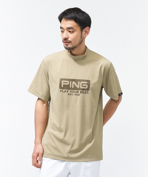 PING ベージュ 半袖シャツ PING（ピン） tシャツ ピンホールメッシュ半袖ハイネックシャツ メンズ