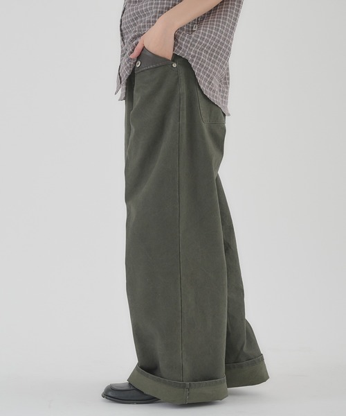 Flap Wide-Leg Pants ワイドレッグパンツ Perushu ワイドパンツ パンツ FAKE LEATHER FLAP WIDE WORK PANTS