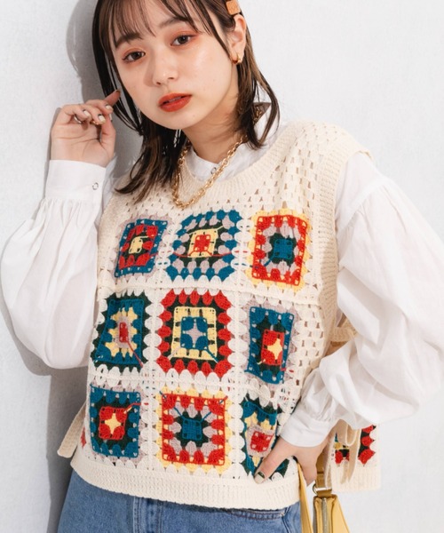 nemne（ネンネ） ベスト ジレ クロシェ編みカラーベスト レディース