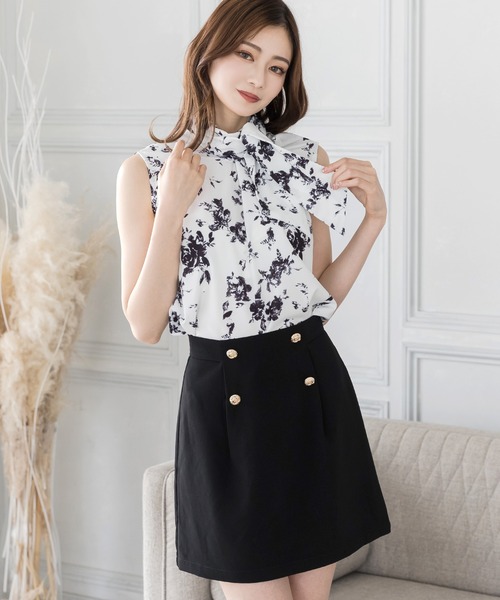 Julia Boutique ブラウス シャツ ノースリーブ花柄ボウタイ