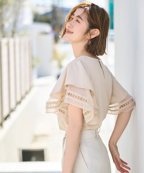 ルイルエブティック RUIRUE BOUTIQUE 【異素材MIX】レイヤードスリーブ・Tシャツ （ベージュ） RUIRUE BOUTIQUE ブラウス シャツ 洗える ｜ 「異素材MIX