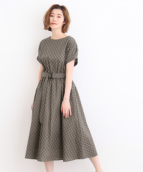 grove ワンピース 幾何小花刺繍レースベルト付きワンピース