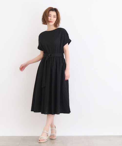 grove ワンピース 幾何小花刺繍レースベルト付きワンピース