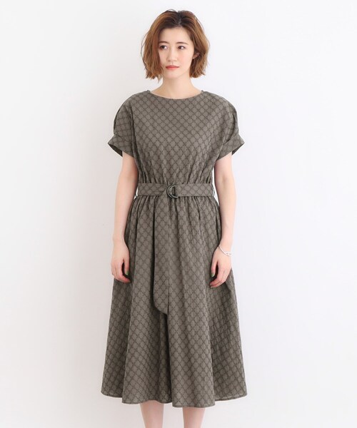 grove ワンピース 幾何小花刺繍レースベルト付きワンピース