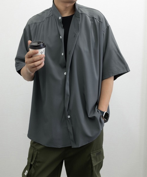 アーツ＆サイエンス スタンドカラーシャツ 半袖 襟 コットン ボタン ブラック AsaAura シャツ 半袖 スタンドカラーシャツメンズ 半袖トップス メンズ