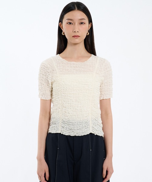 public tokyo ランダムリブハーフスリーブホールTシャツウォッシャブル PUBLIC TOKYO（パブリックトウキョウ）の「ランダムリブハーフスリーブ