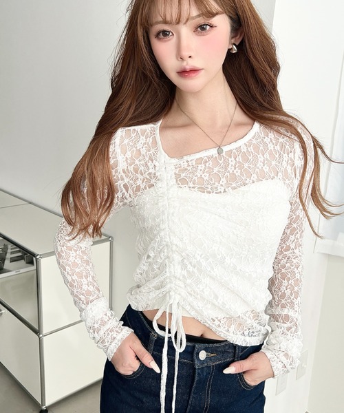 moment+ tシャツ アシンメトリードロスト袖くしゅくしゅ長袖ストレッチ