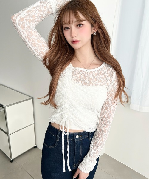 moment+ tシャツ アシンメトリードロスト袖くしゅくしゅ長袖ストレッチ