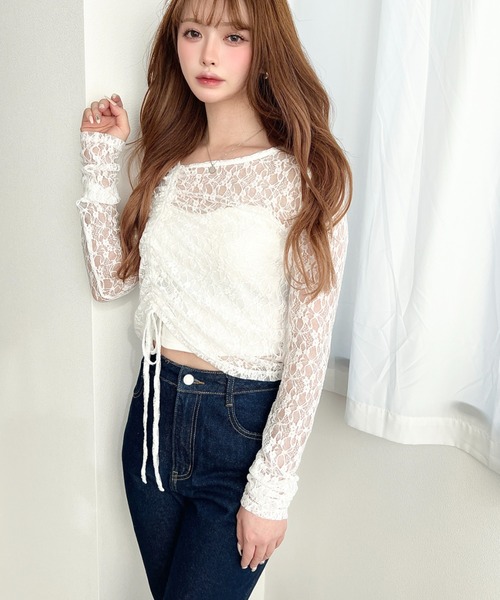 moment+ tシャツ アシンメトリードロスト袖くしゅくしゅ長袖ストレッチ