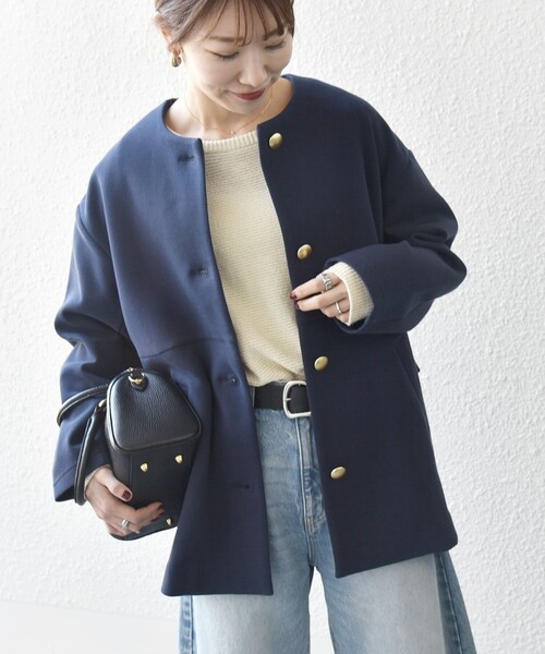 美品✨シューソネット♡ノーカラージャケット　ネイビー　ジャガード　模様入り　M 美品✨シューソネット♡ノーカラージャケット ネイビー