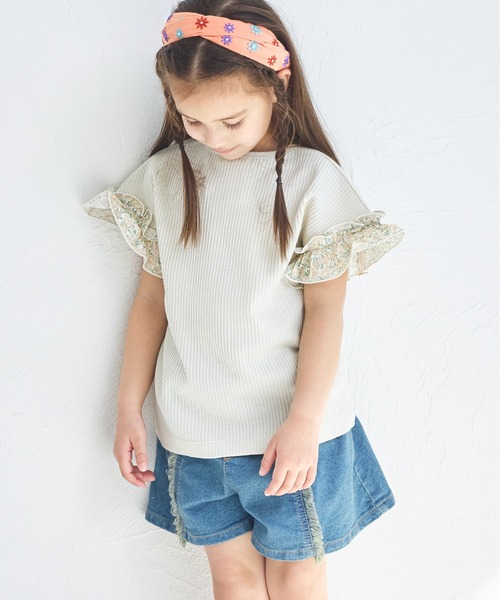 tシャツ 「ふんわりワッフル」「リンクコーデ」袖フリル ガールズTシャツ キッズ 子供服 女の子 | pairmanon | 24