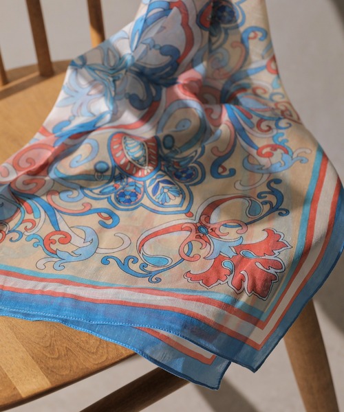 スカーフ バンダナ シルク混 インド パネル ボタニカル柄 レディース