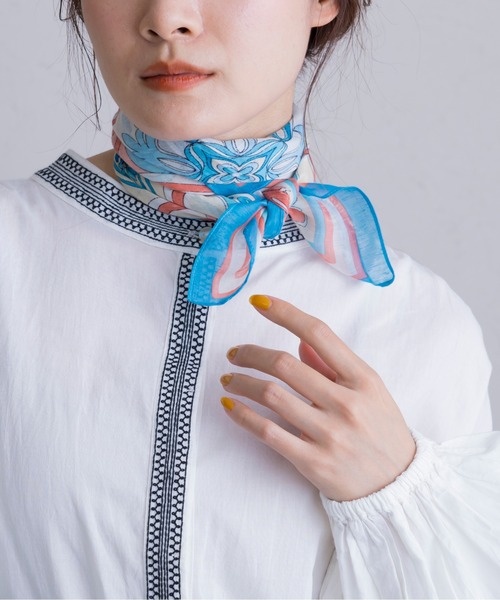 スカーフ バンダナ シルク混 インド パネル ボタニカル柄 レディース