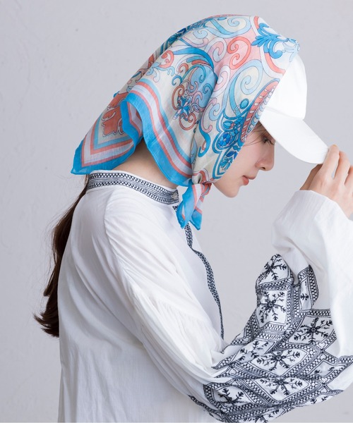 スカーフ バンダナ シルク混 インド パネル ボタニカル柄 レディース