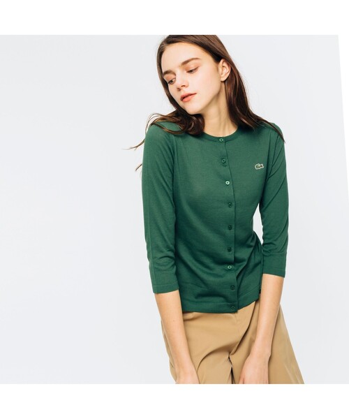 「LACOSTE」 7分袖ニットカーディガン 38 グリーン レディース