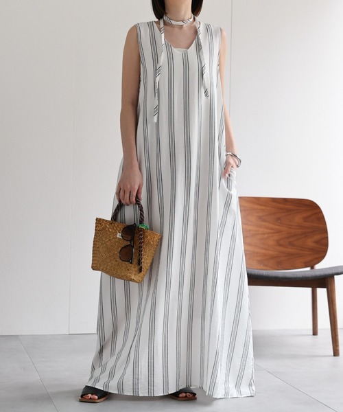sakishimatokyo ワンピース Vネックストライプワンピース「共布ベルト