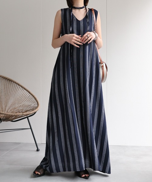 sakishimatokyo ワンピース Vネックストライプワンピース「共布ベルト