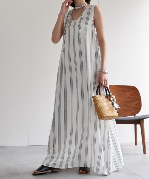 sakishimatokyo ワンピース Vネックストライプワンピース「共布ベルト