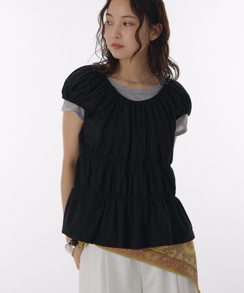 AD2020 21SS チュールフリルスリーブTシャツ 黒 パフスリーブ フリルチュールスリーブTシャツ
