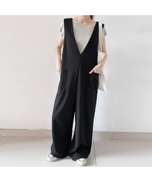 ReRe サロペット オーバーオール ワイドパンツVネックサロペット