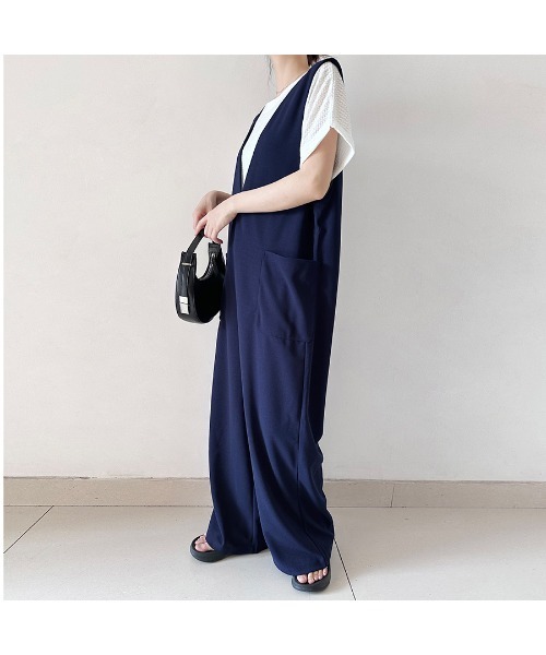ReRe サロペット オーバーオール ワイドパンツVネックサロペット