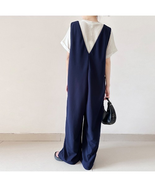 ReRe サロペット オーバーオール ワイドパンツVネックサロペット