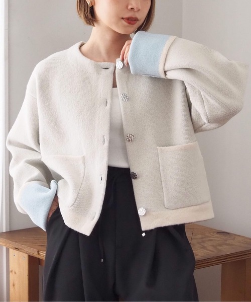 FRAMeWORK 新品★WOOL Wフェイスカーディガン★ tiptop+pocket ティップトッププラスポケット / 【wool】Wフェイス配色