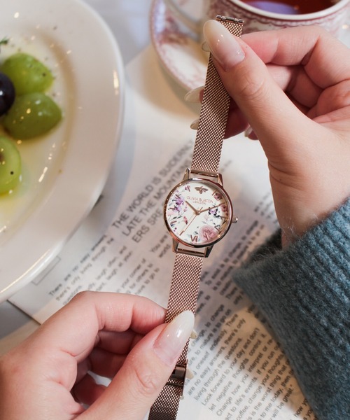 腕時計 「OLIVIA BURTON/オリビアバートン」シグネチャー - 30mm イラストレイテッド フローラル ローズゴールド メッシュの画像