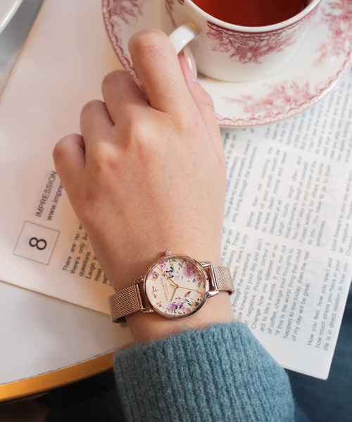 腕時計 「OLIVIA BURTON/オリビアバートン」シグネチャー - 30mm イラストレイテッド フローラル ローズゴールド メッシュの画像
