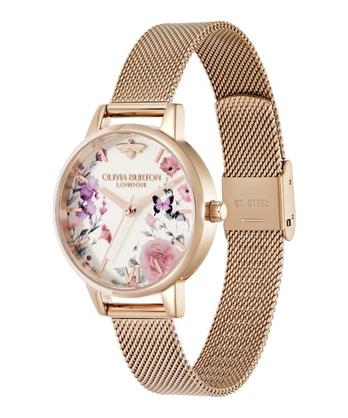 腕時計 「OLIVIA BURTON/オリビアバートン」シグネチャー - 30mm イラストレイテッド フローラル ローズゴールド メッシュの画像