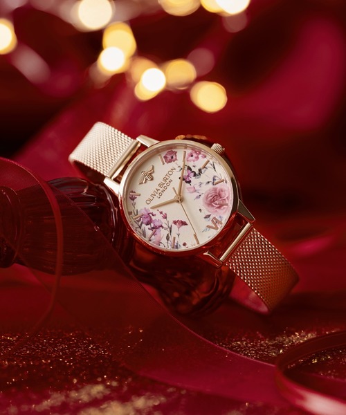 腕時計 「OLIVIA BURTON/オリビアバートン」シグネチャー - 30mm イラストレイテッド フローラル ローズゴールド メッシュの画像