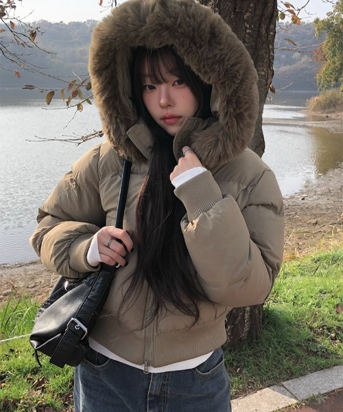 anyonemore ダウンコート ダウンジャケット フェイクファーフード付き