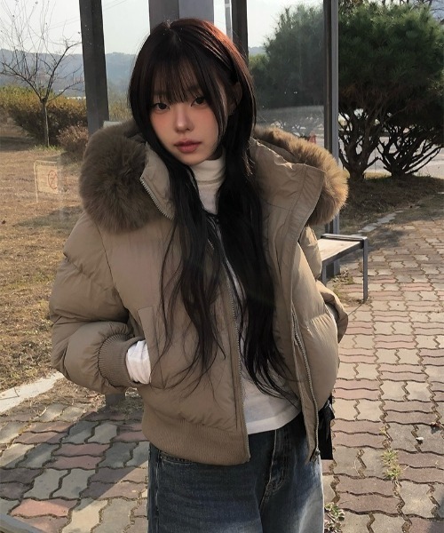 anyonemore ダウンコート ダウンジャケット フェイクファーフード付き