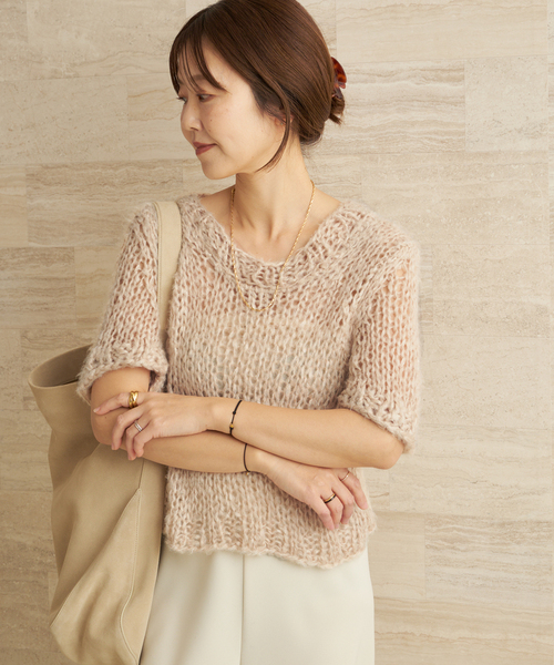 Plage プラージュ ニット ライトグレー サイズ:FREE | 24春夏 シルク ネップ プルオーバー | Silk nep | ニット ショート丈 Vネック 長袖 | トップス セーター【レディース】【中古】 Plage - Plage プラージュ ニット ライトグレー サイズ:FREE | 24春夏