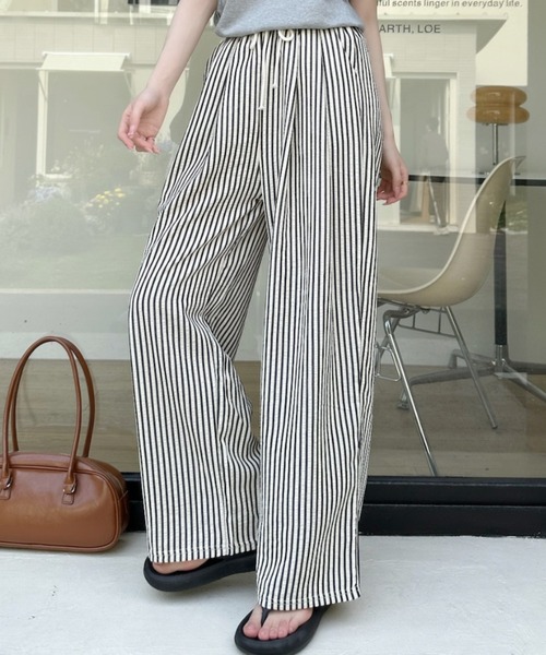 Ada. パンツ 楊柳 ピンストライプ ストレートワイドパンツ レディース