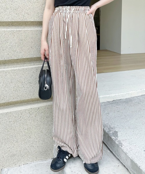 Ada. ワイドパンツ パンツ 楊柳 ピンストライプ ストレートワイド