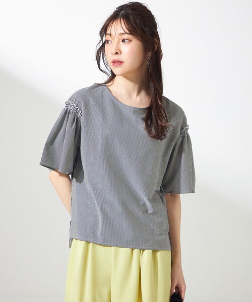 tシャツ ストライプコットンハイゲージフレアスリーブ カットソー レディース 自由区 tシャツ ストライプコットンハイゲージフレアスリーブ