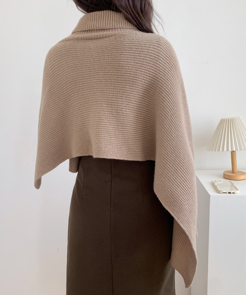 ANAYI ベージュ ニット ポンチョ ケープ ハイネック タートル F