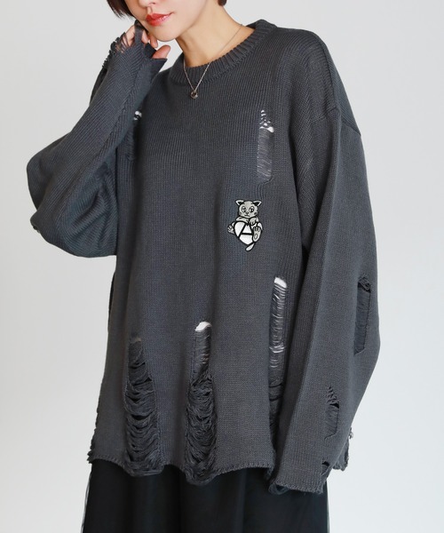 uora ニット セーター キャット刺繍ダメージニット レディース