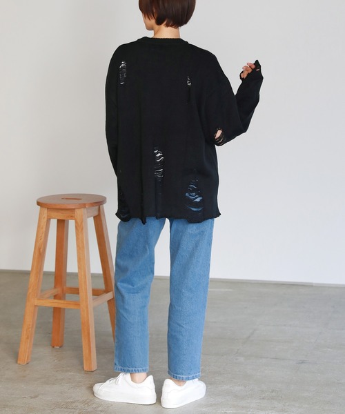 ニット セーター キャット刺繍ダメージニット レディース メンズ uora ニット セーター キャット刺繍ダメージニット レディース