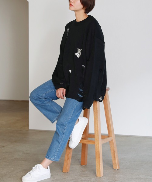 ラウンド  uora レディース キャット刺繍ダメージニット セーター ニット メンズウェア