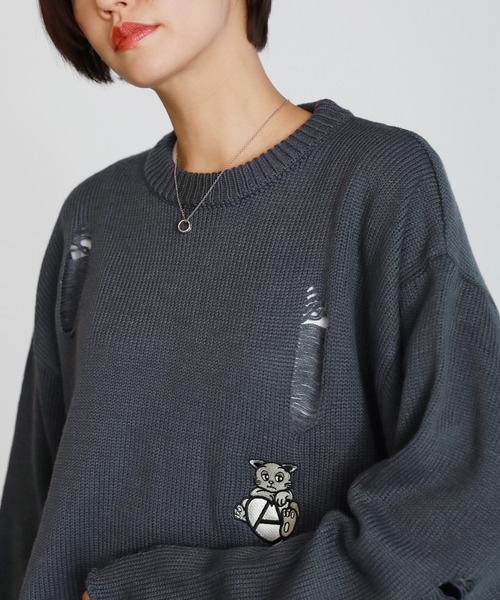 ニット　セーター　グレー　新品　未使用　SUGARROZE　YAMADAYA uora ニット セーター キャット刺繍ダメージニット レディース