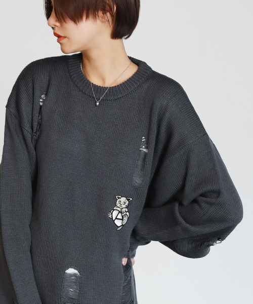 ラメ クルーネック スウェット ニット BLACK （ニット・セーター