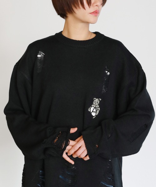 【NOT4NERD】★男女兼用★ドクターニットセーター uora ニット セーター キャット刺繍ダメージニット レディース