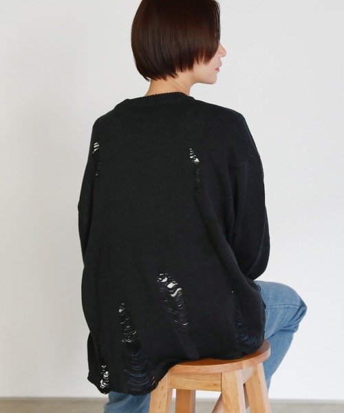 uora ニット セーター キャット刺繍ダメージニット レディース