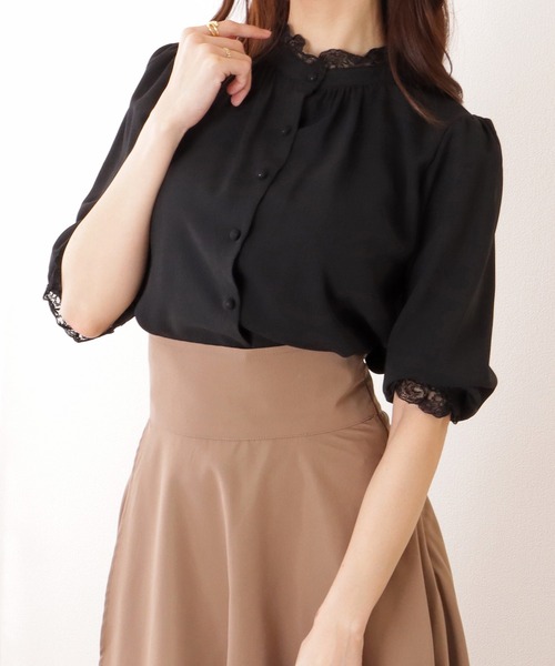 ブラウス シャツ パフスリーブフリル＆リボンAライン2wayブラウス レディース Lace Ladies ブラウス シャツ 2WAY フリル スタンドカラー