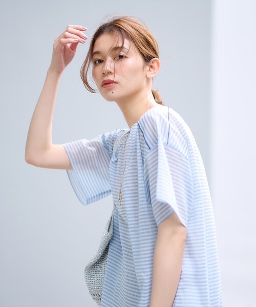 ブラウス シャツ ウエストリボン　バイヤス柄ボーダープリント半袖ブラウス レディース ブラウス Tシャツ レディース 半袖 トップス ボーダー柄 シャツ