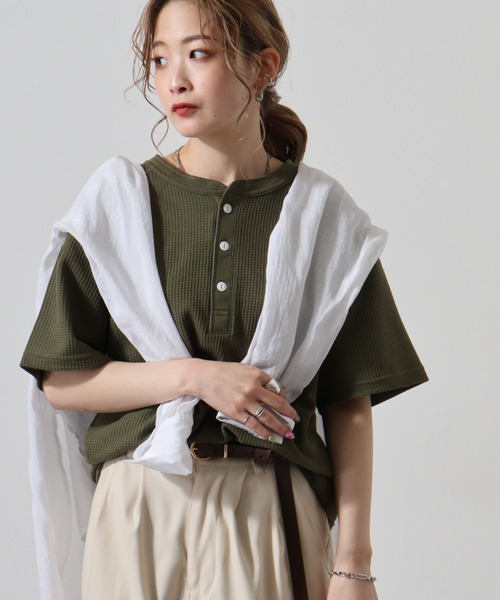 韓国製 夏用 ヘンリーネック ワッフルTシャツ ヘンリーネックワッフルTシャツ[Black] – Noen