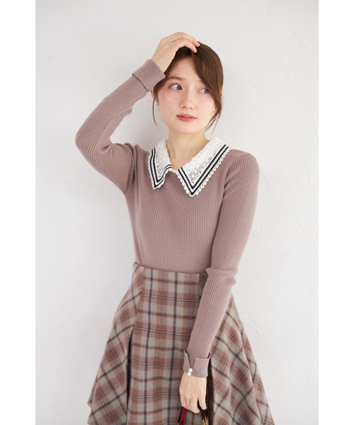 トッコクローゼット 配色レース襟付き袖口パール装飾リブニット 長袖 ブラック ♡ TOCCO closet - トッコクローゼット♡ 配色レース襟付き袖口パール装飾